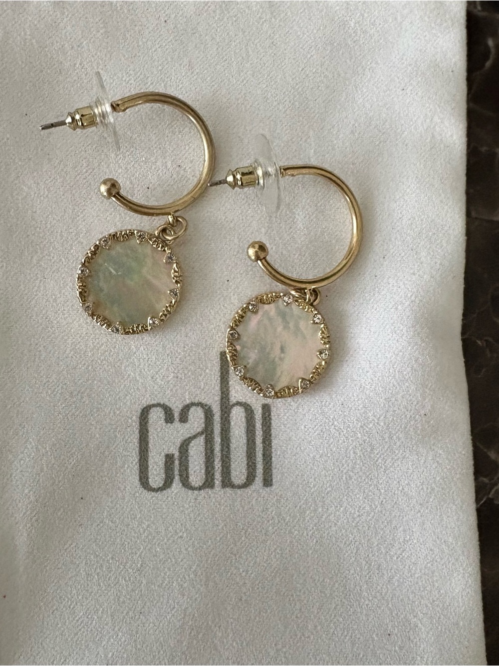 CAbi Gold Hoops with Iridescent Pearl-Effect Discs